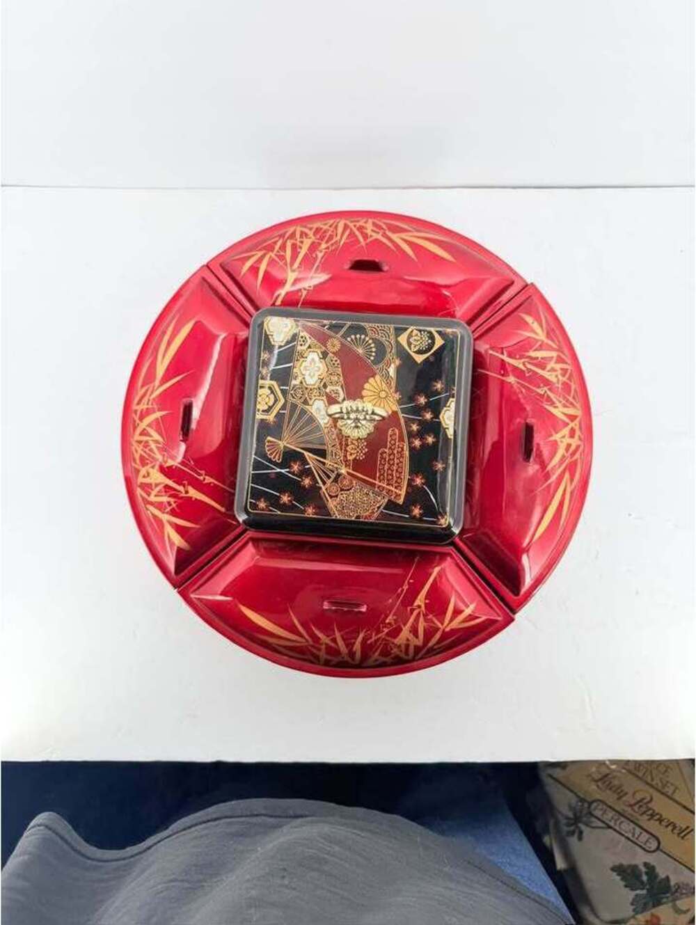 Vintage Japanese Lacquerware Rotating Serving Tray with Lidded Center Box